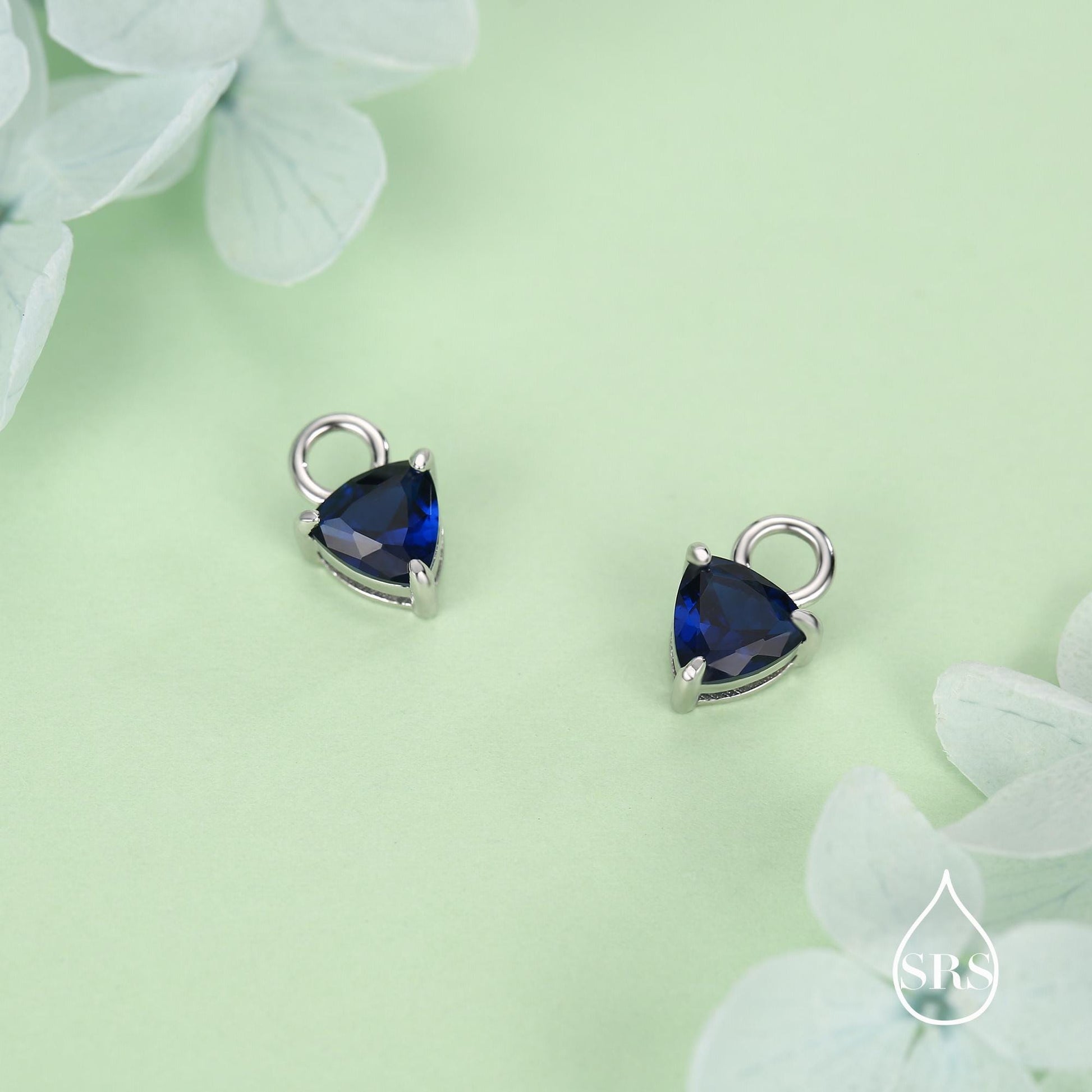 Sterling Silver Trillion Cut Sapphire Blue CZ Charms for Huggie Hoops Earrings