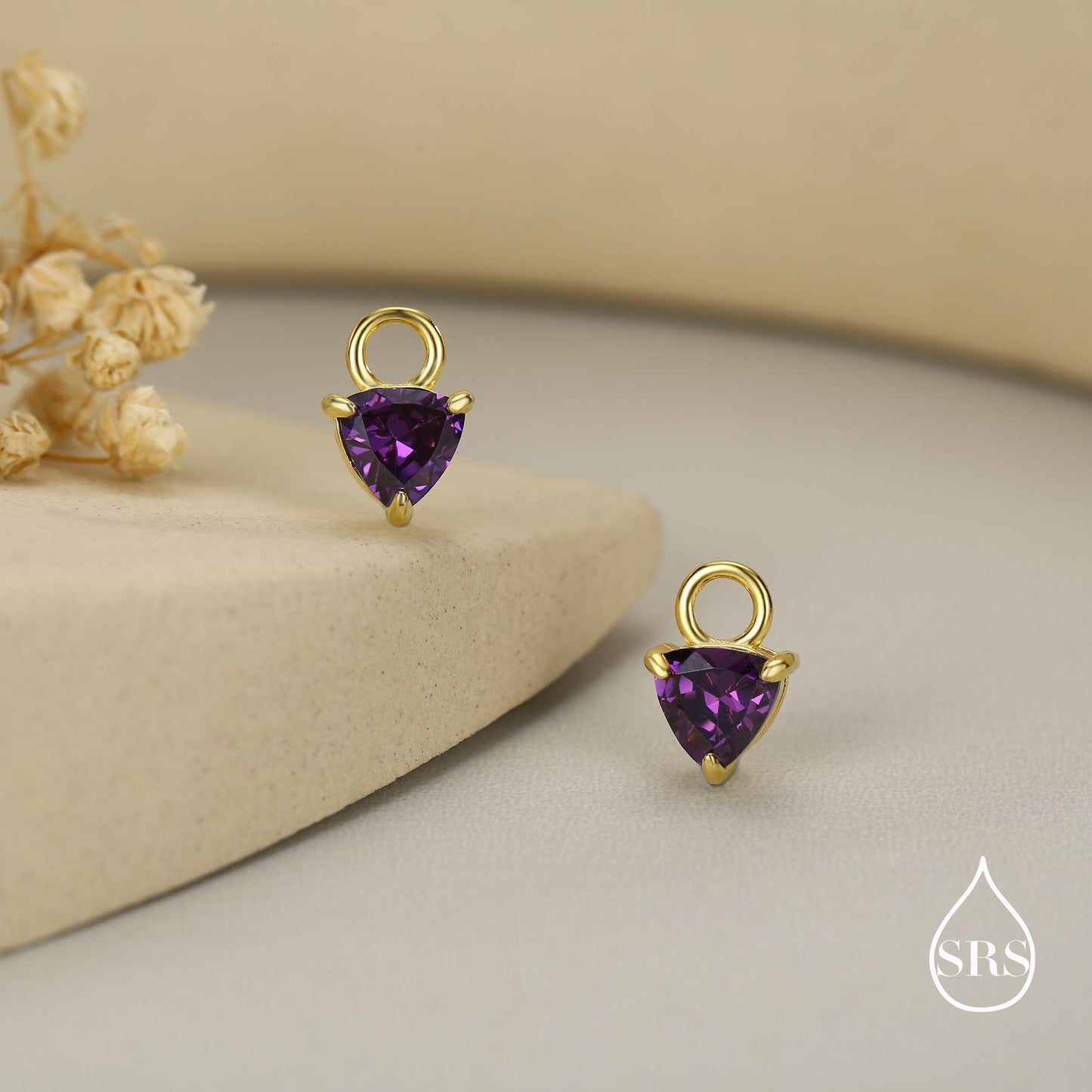 Sterling Silver Trillion Cut Amethyst Purple CZ Charms for Huggie Hoops Earrings