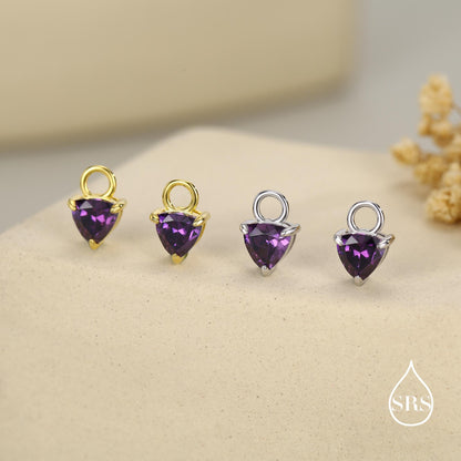 Sterling Silver Trillion Cut Amethyst Purple CZ Charms for Huggie Hoops Earrings