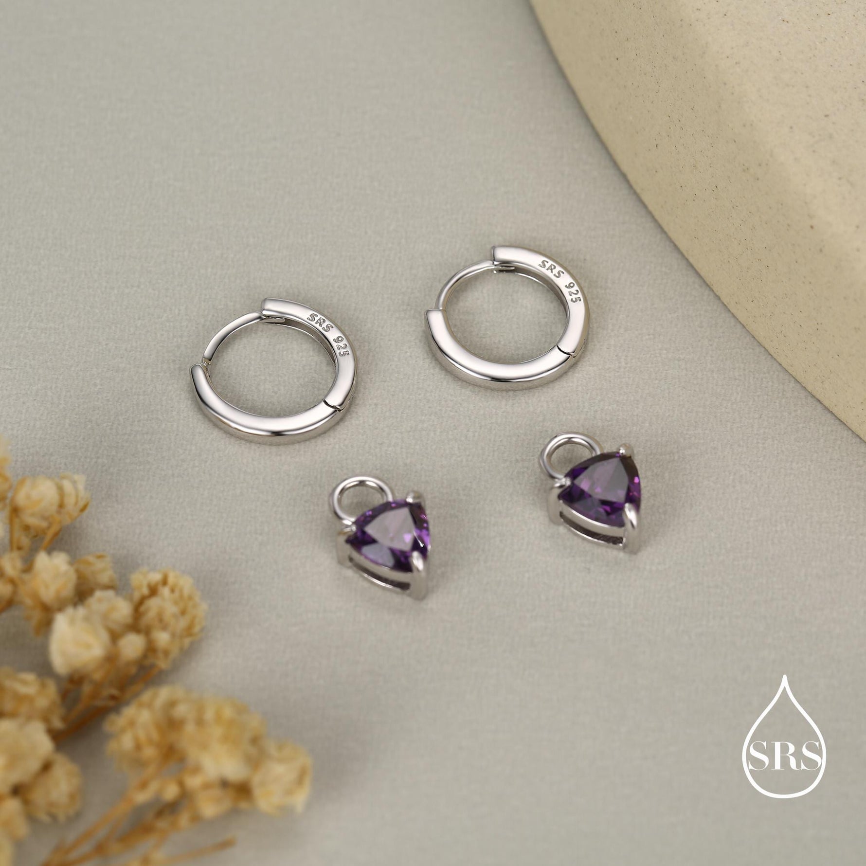 Sterling Silver Amethyst Purple Trillion Cut CZ Hoop Earrings, Silver, Gold, Triangle Dangle Hoop Earrings, Interchangeable Charm