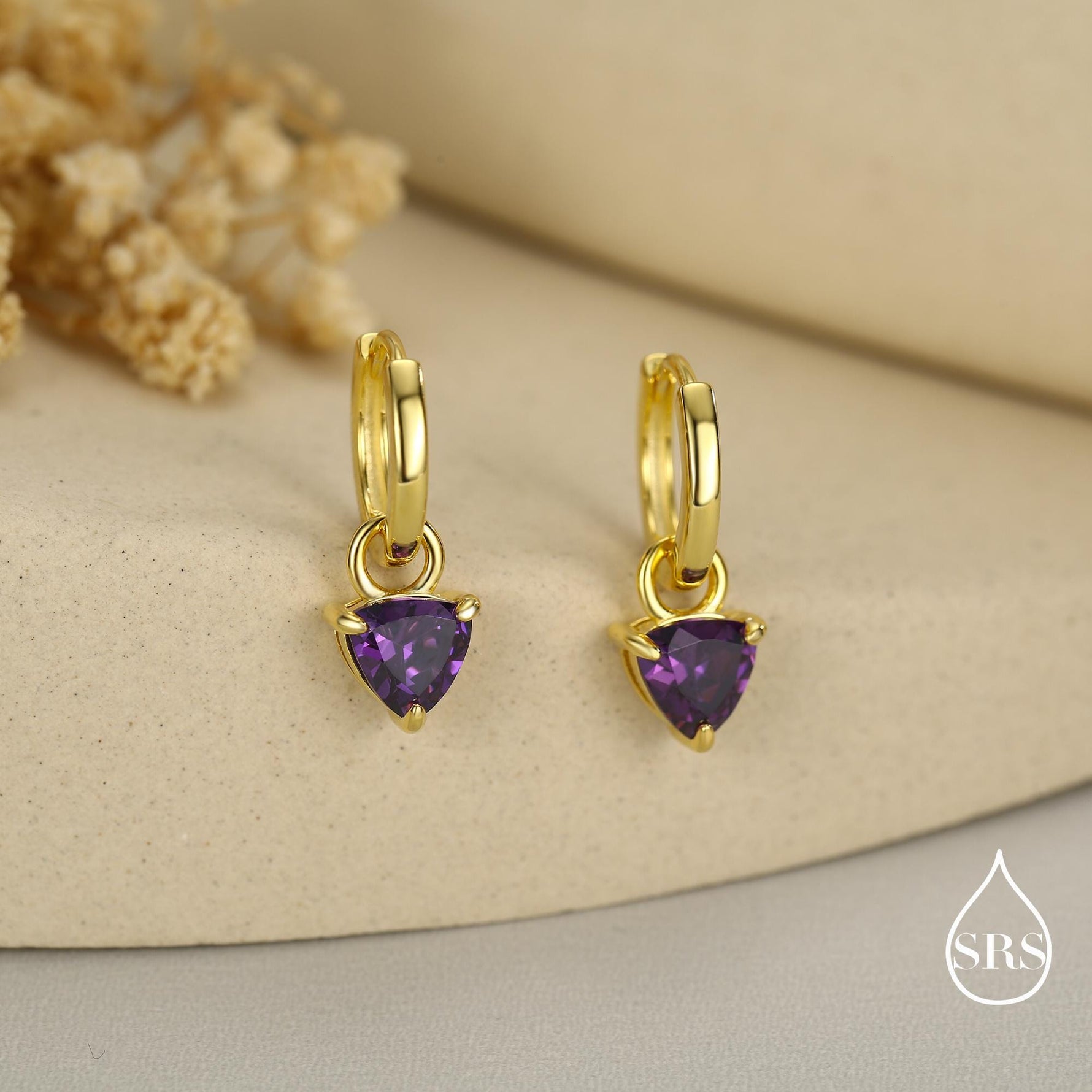 Sterling Silver Amethyst Purple Trillion Cut CZ Hoop Earrings, Silver, Gold, Triangle Dangle Hoop Earrings, Interchangeable Charm
