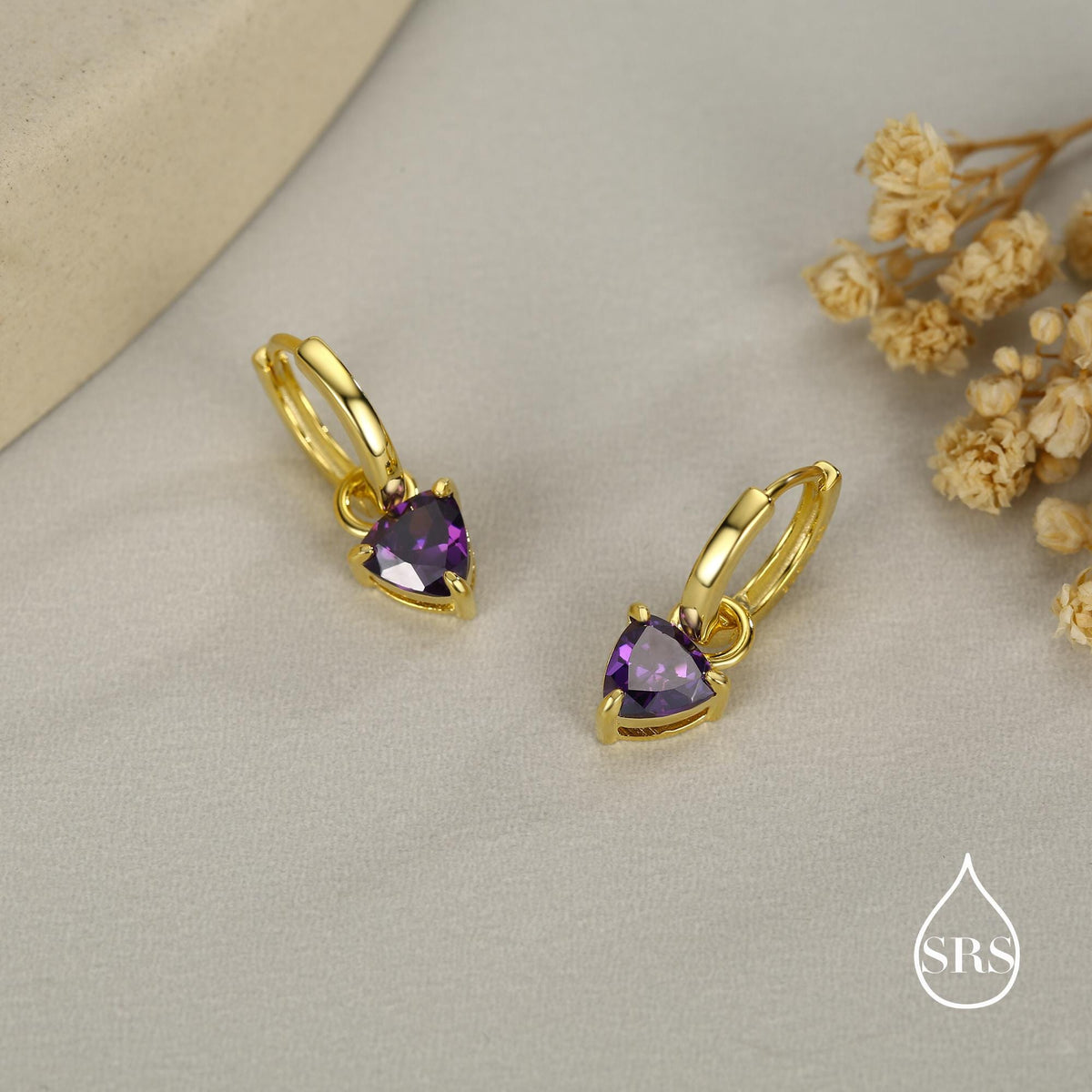 Sterling Silver Amethyst Purple Trillion Cut CZ Hoop Earrings, Silver, Gold, Triangle Dangle Hoop Earrings, Interchangeable Charm