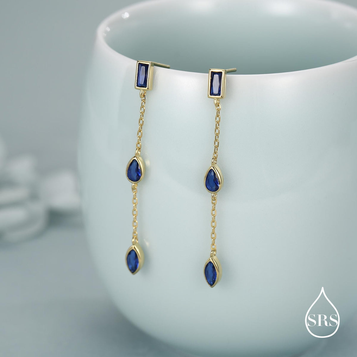 Sapphire Blue Marquise CZ Dangle Drop Stud Earrings in Sterling Silver, Silver or Gold, Pear Cut and Baguette Drop Earrings, Geometric CZ