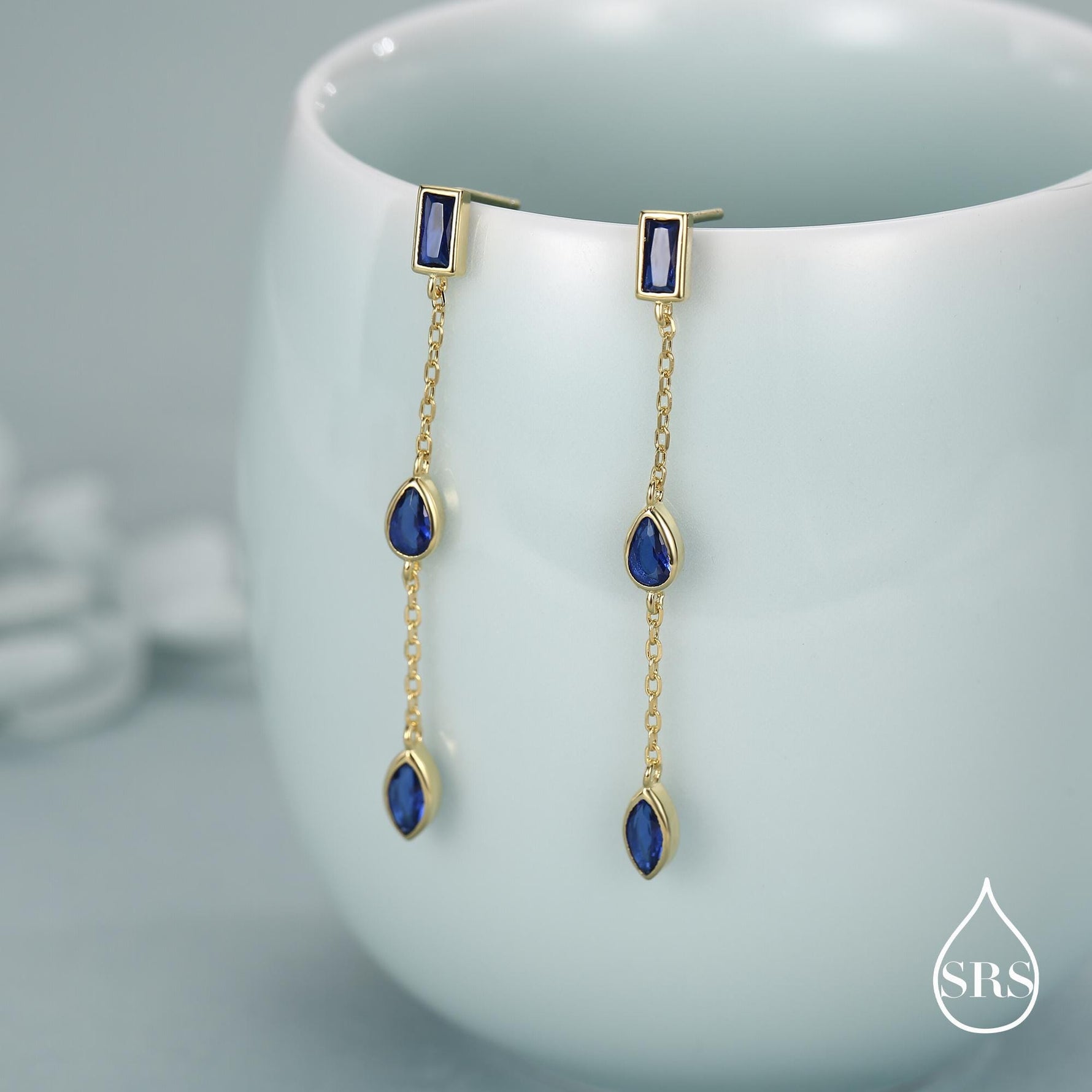 Sapphire Blue Marquise CZ Dangle Drop Stud Earrings in Sterling Silver, Silver or Gold, Pear Cut and Baguette Drop Earrings, Geometric CZ