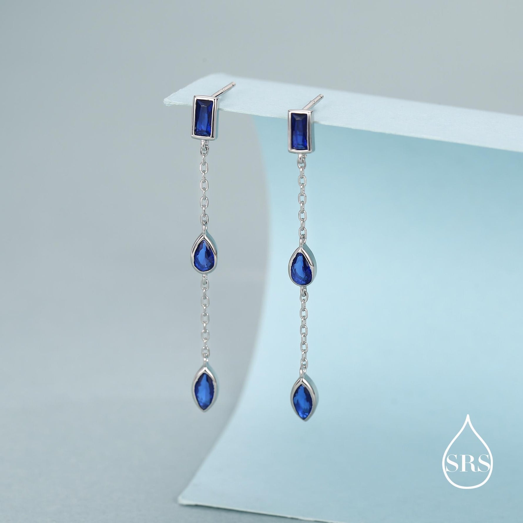 Sapphire Blue Marquise CZ Dangle Drop Stud Earrings in Sterling Silver, Silver or Gold, Pear Cut and Baguette Drop Earrings, Geometric CZ
