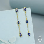 Sapphire Blue Marquise CZ Dangle Drop Stud Earrings in Sterling Silver, Silver or Gold, Pear Cut and Baguette Drop Earrings, Geometric CZ