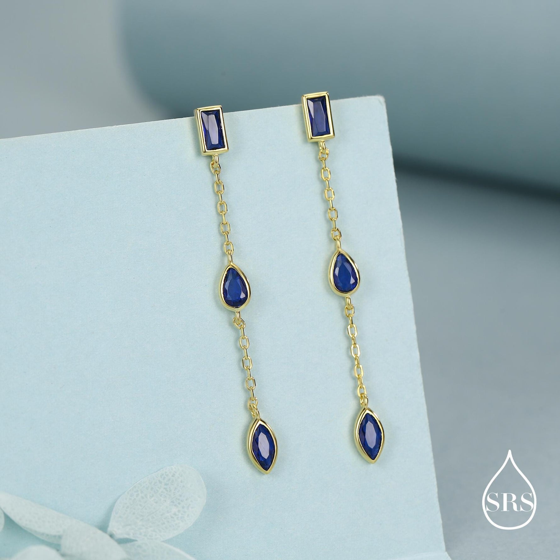 Sapphire Blue Marquise CZ Dangle Drop Stud Earrings in Sterling Silver, Silver or Gold, Pear Cut and Baguette Drop Earrings, Geometric CZ