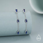 Sapphire Blue Marquise CZ Dangle Drop Stud Earrings in Sterling Silver, Silver or Gold, Pear Cut and Baguette Drop Earrings, Geometric CZ