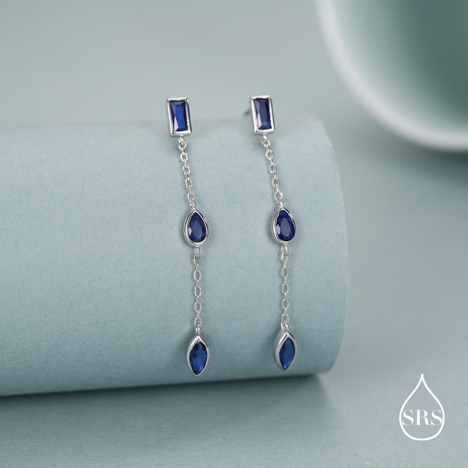 Sapphire Blue Marquise CZ Dangle Drop Stud Earrings in Sterling Silver, Silver or Gold, Pear Cut and Baguette Drop Earrings, Geometric CZ