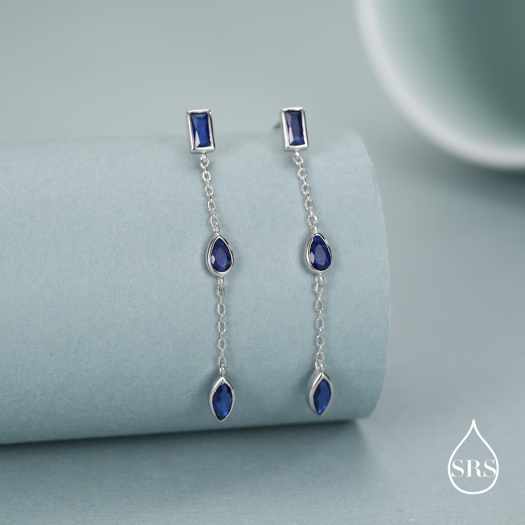Sapphire Blue Marquise CZ Dangle Drop Stud Earrings in Sterling Silver, Silver or Gold, Pear Cut and Baguette Drop Earrings, Geometric CZ