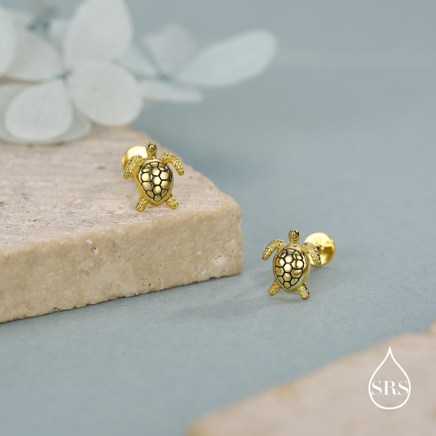 Turtle 16G Internally Threaded Flat Back Earrings in Sterling Silver, Animal Earrings