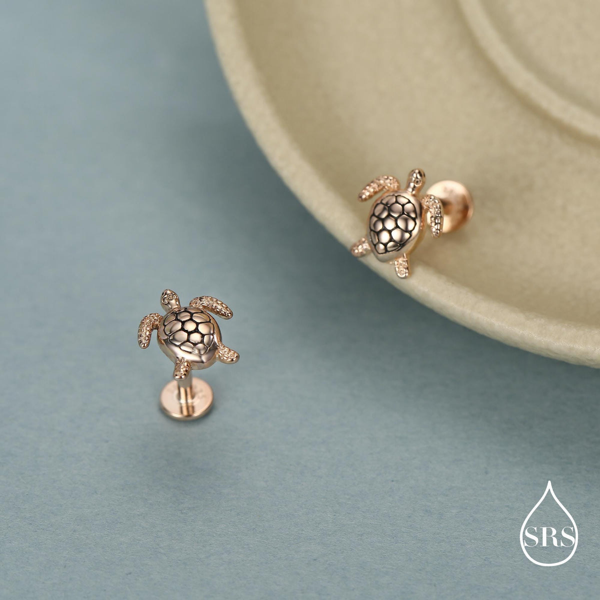 Turtle 16G Internally Threaded Flat Back Earrings in Sterling Silver, Animal Earrings