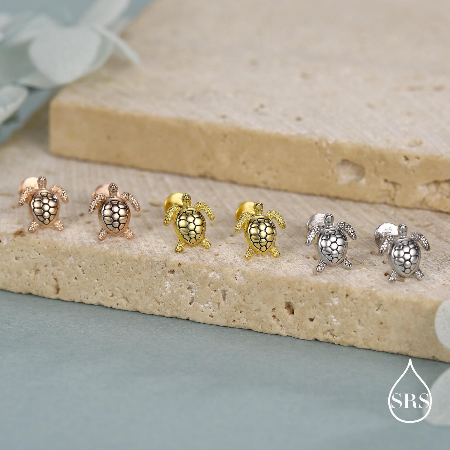 Turtle 16G Flat Back Stud Earrings in Sterling Silver