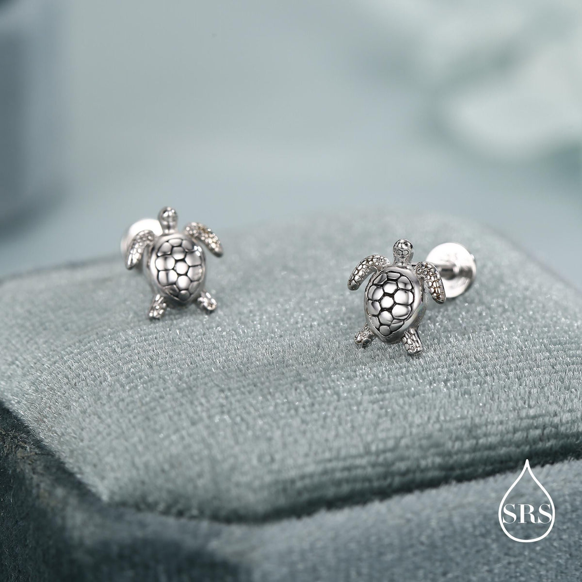 Turtle 16G Internally Threaded Flat Back Earrings in Sterling Silver, Animal Earrings