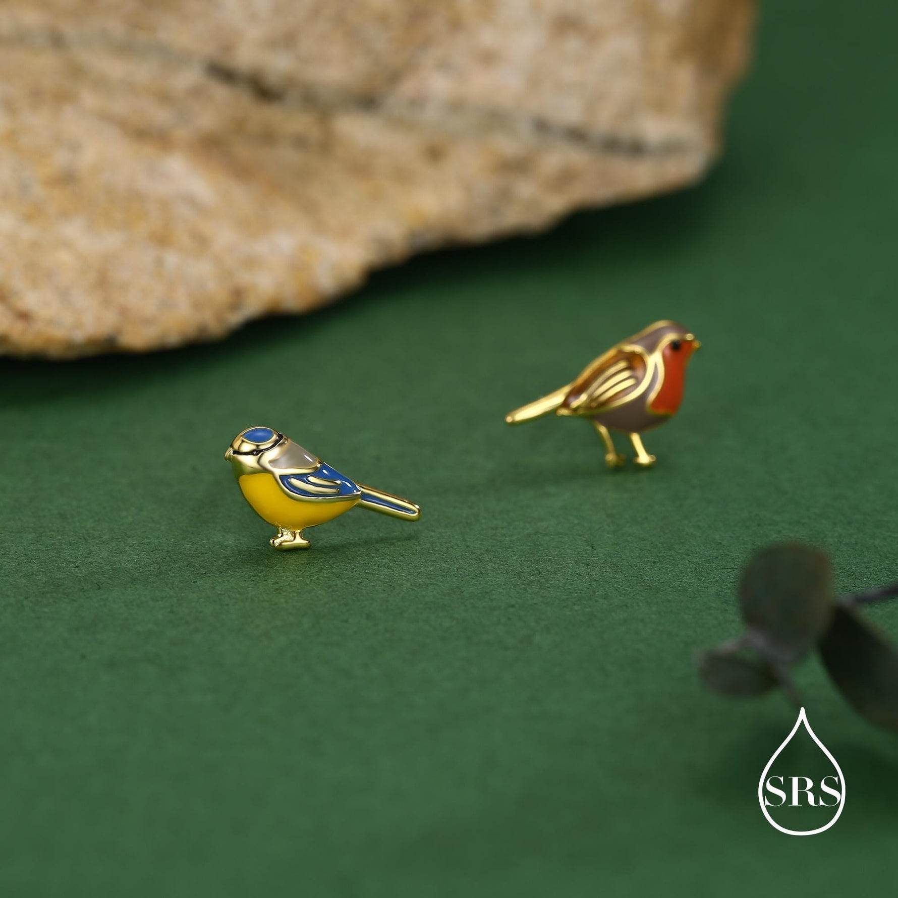 Mismatched Robin Bird and Blue Tit Bird Stud Earrings in Sterling Silver, Asymmetric Enamel Bird Earrings, Silver or Gold