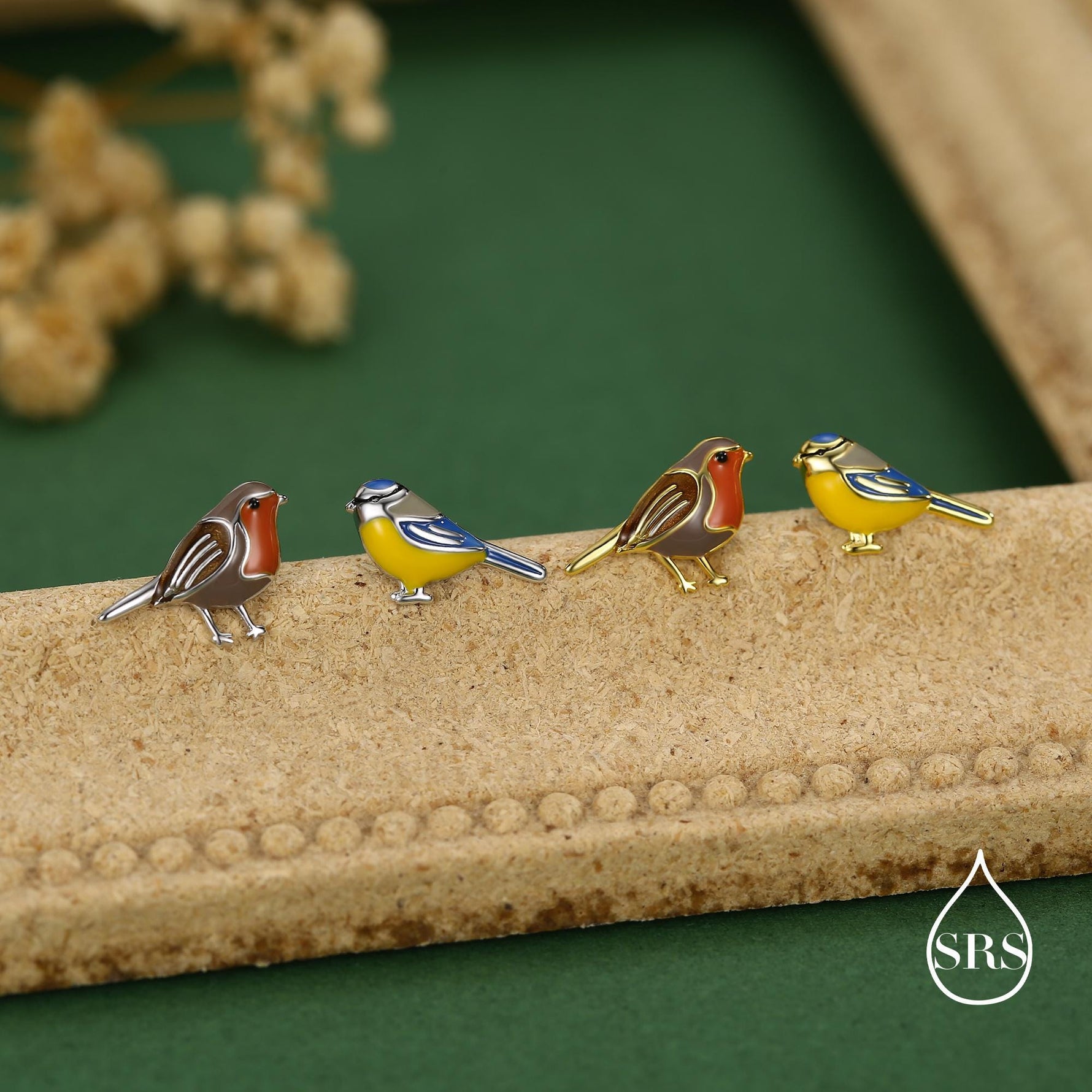 Mismatched Robin Bird and Blue Tit Bird Stud Earrings in Sterling Silver, Asymmetric Enamel Bird Earrings, Silver or Gold