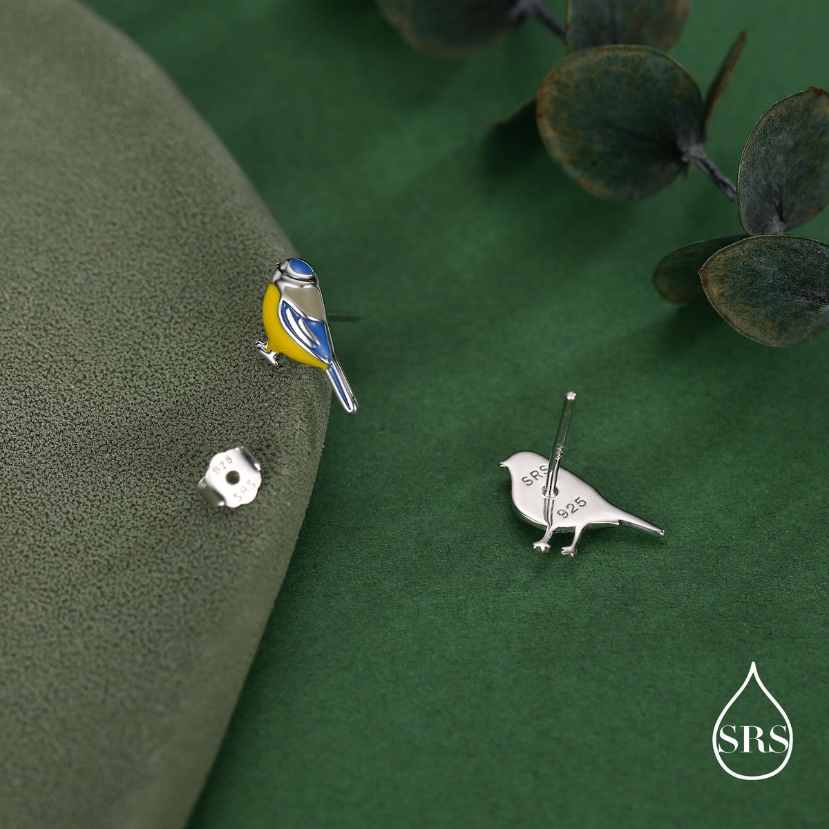 Mismatched Robin Bird and Blue Tit Bird Stud Earrings in Sterling Silver, Asymmetric Enamel Bird Earrings, Silver or Gold