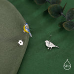 Mismatched Robin Bird and Blue Tit Bird Stud Earrings in Sterling Silver, Asymmetric Enamel Bird Earrings, Silver or Gold