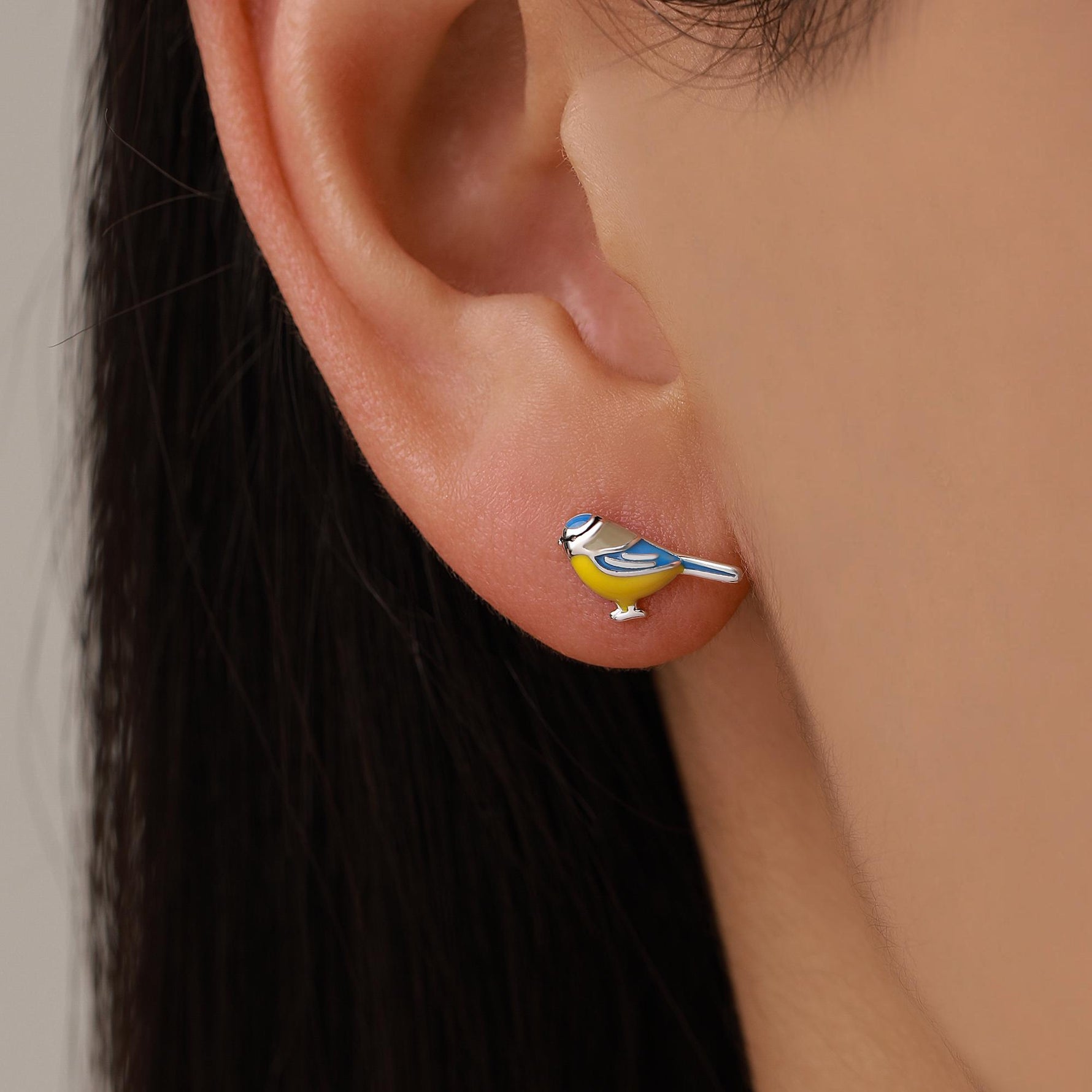 Mismatched Robin Bird and Blue Tit Bird Stud Earrings in Sterling Silver, Asymmetric Enamel Bird Earrings, Silver or Gold