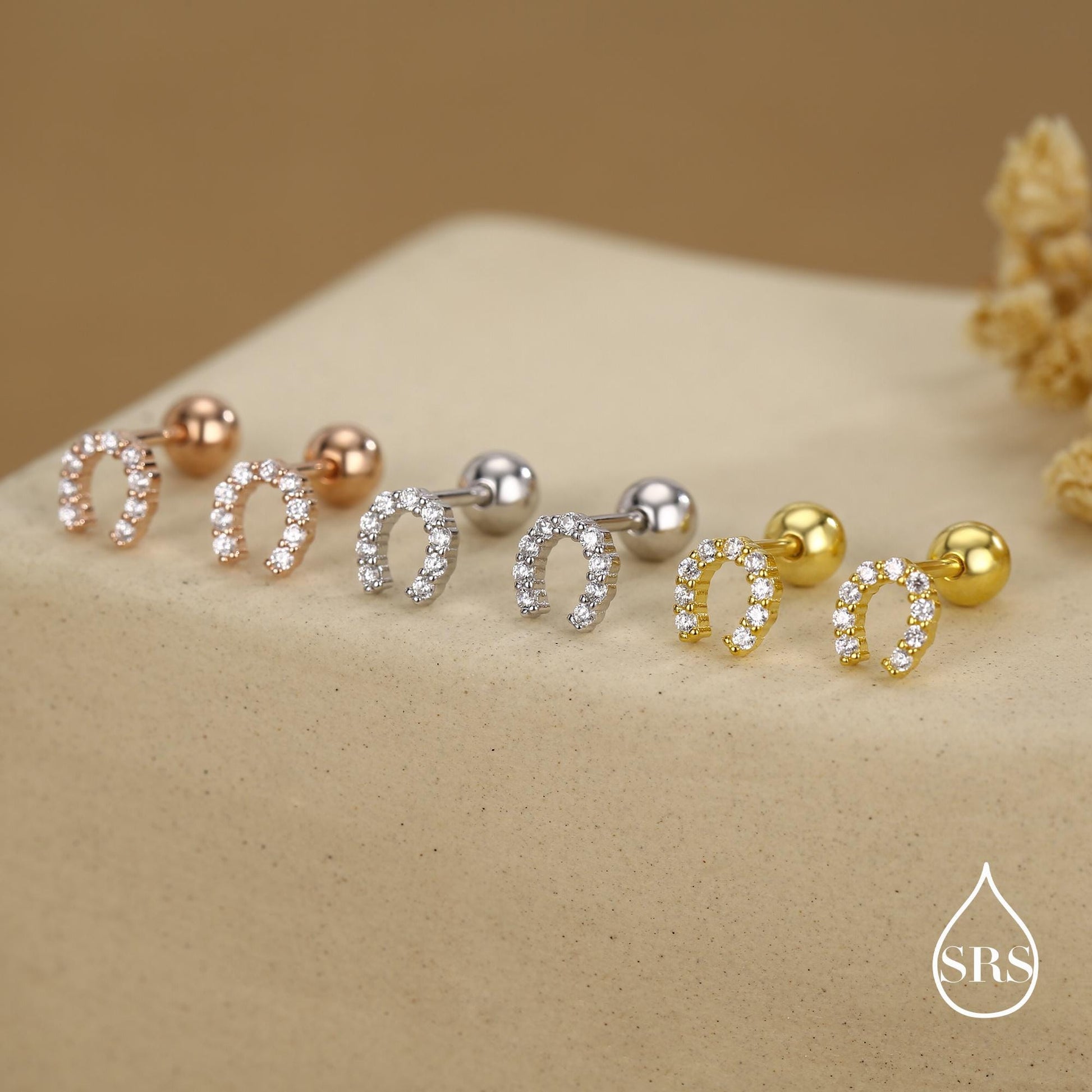 Sterling Silver CZ Horseshoe 18G Screw Back Stud Earrings with Ball Backs