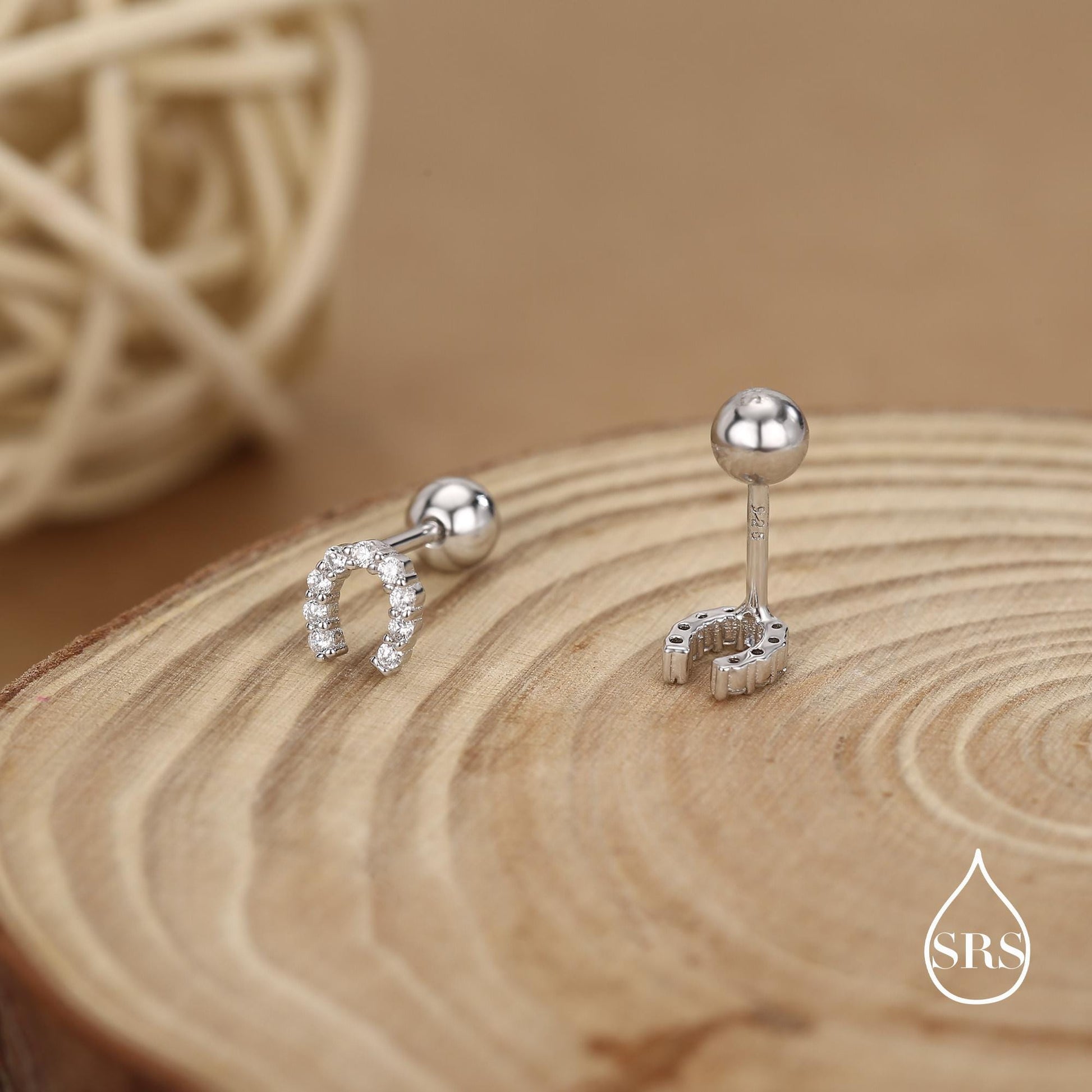 Sterling Silver CZ Horseshoe 18G Screw Back Stud Earrings with Ball Backs