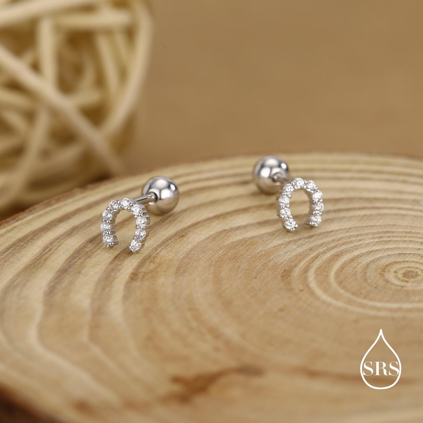 Sterling Silver CZ Horseshoe 18G Screw Back Stud Earrings with Ball Backs