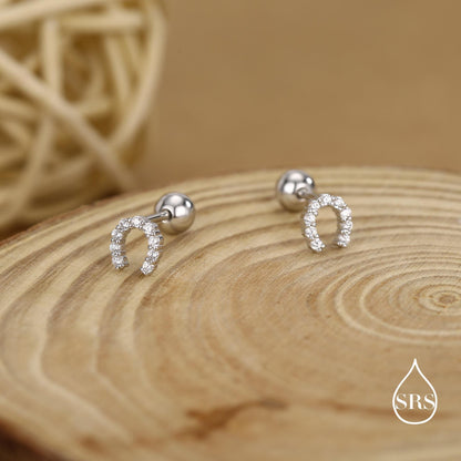 Sterling Silver CZ Horseshoe 18G Screw Back Stud Earrings with Ball Backs
