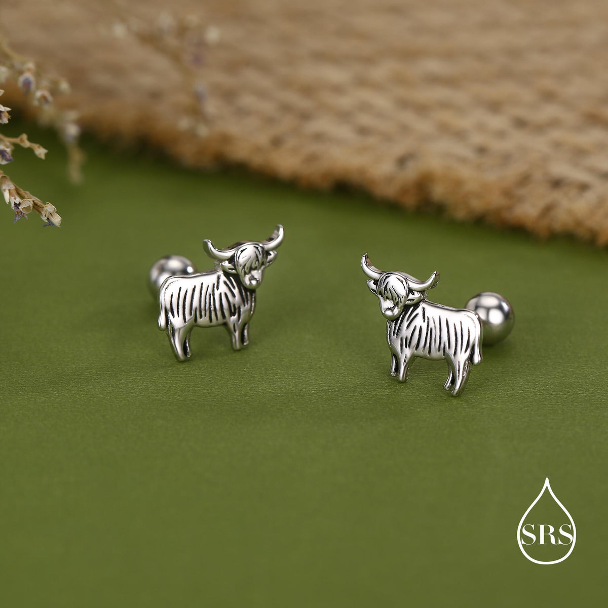 Small Pair of Highland Cow 18G Screw Back Earrings in Sterling Silver, Animal Earrings