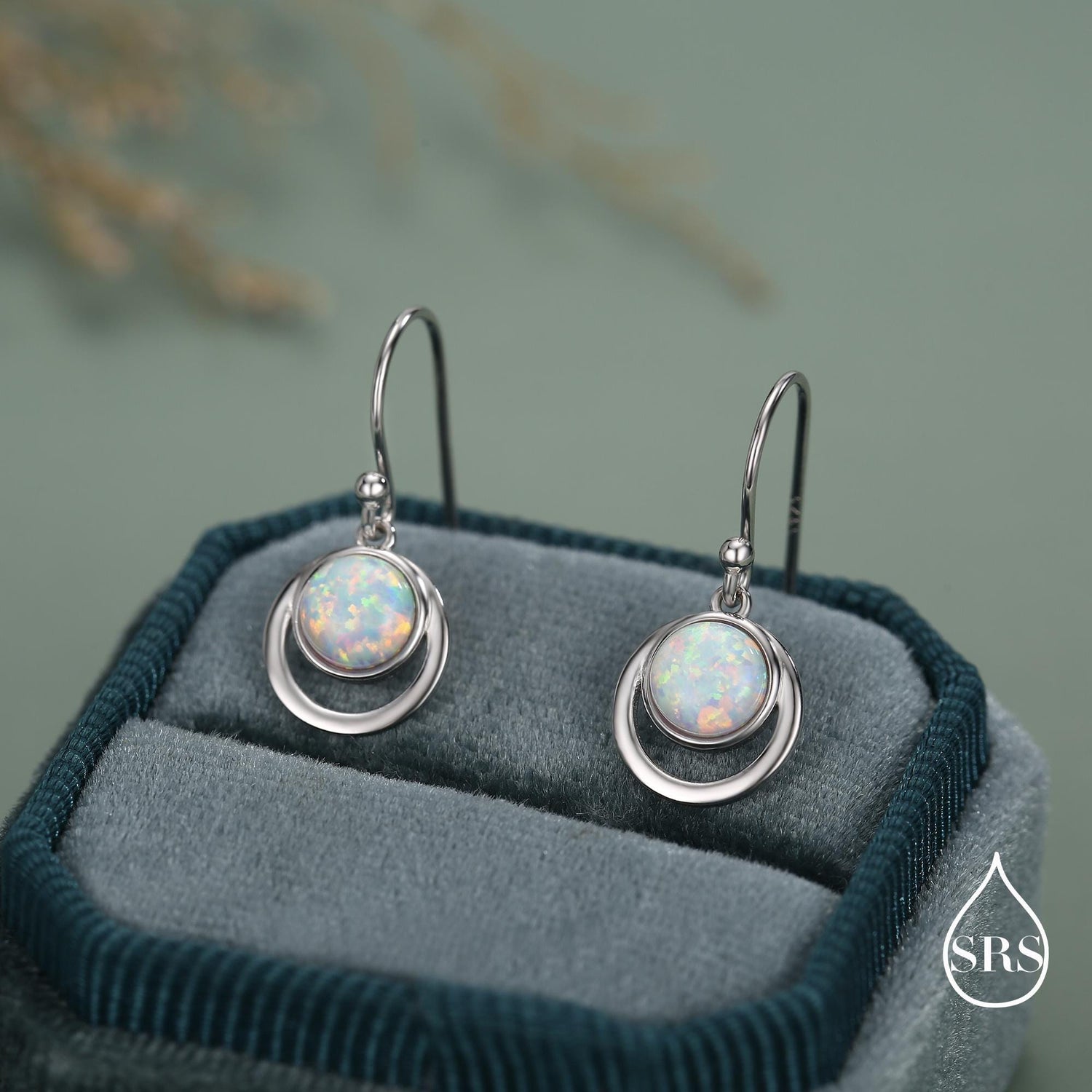 Opal and Circle Drop Hook Earrings in Sterling Silver, Delicate Fire Opal Geometric Earrings, Opal Coin Earrings