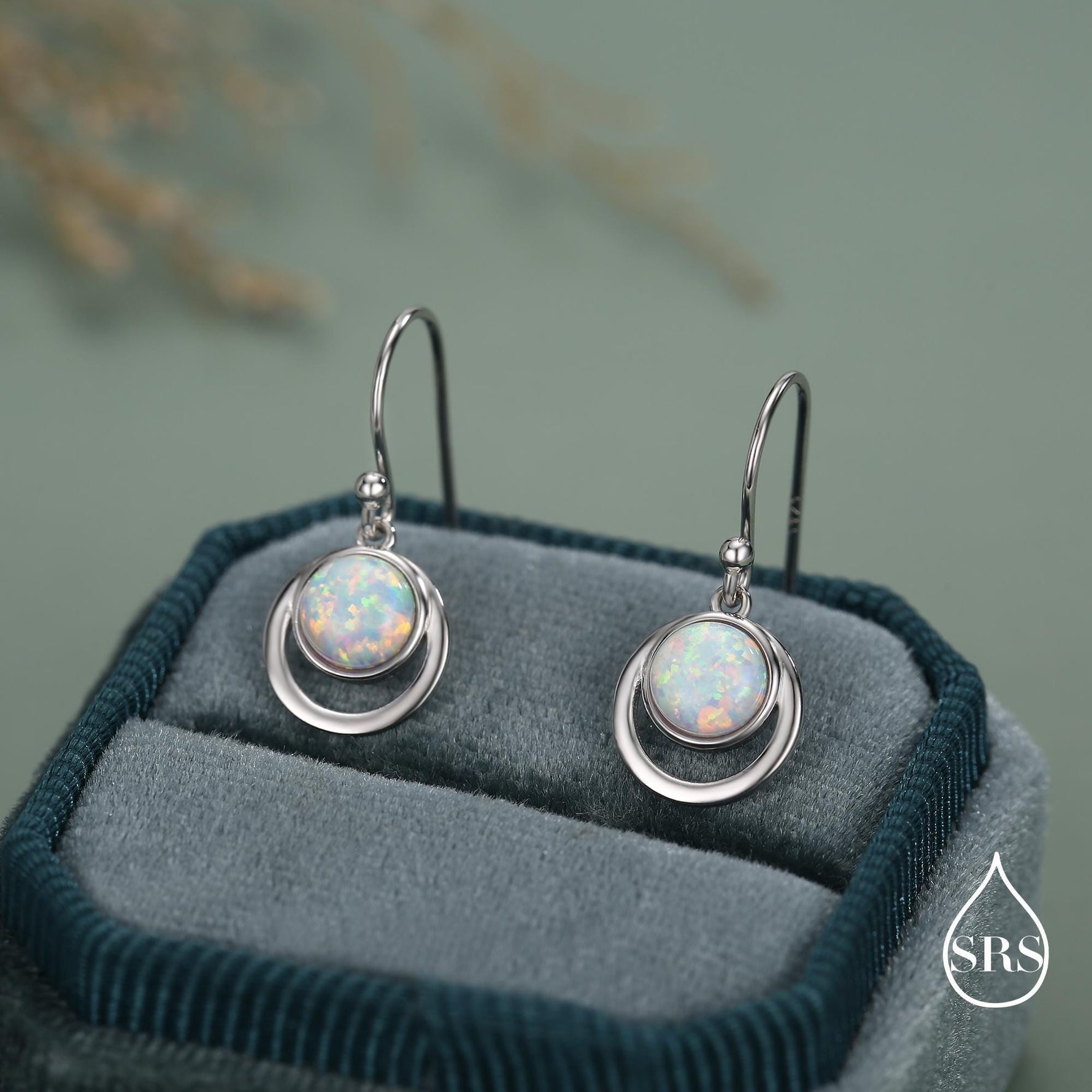 Opal and Circle Drop Hook Earrings in Sterling Silver, Delicate Fire Opal Geometric Earrings, Opal Coin Earrings