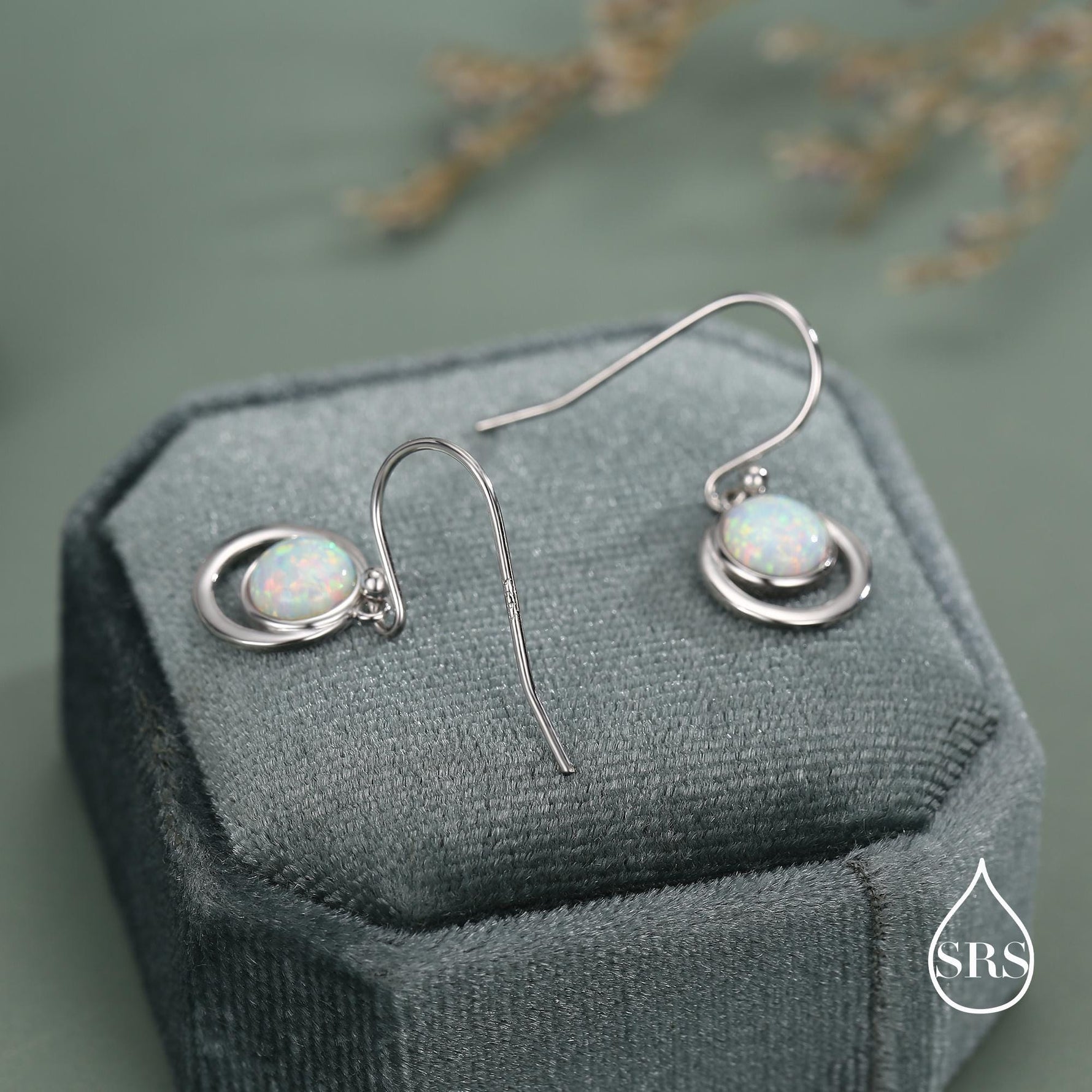 Opal and Circle Drop Hook Earrings in Sterling Silver, Delicate Fire Opal Geometric Earrings, Opal Coin Earrings