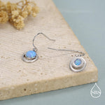 Blue Opal and Circle Drop Hook Earrings in Sterling Silver, Delicate Blue Opal Geometric Earrings, Opal Coin Earrings