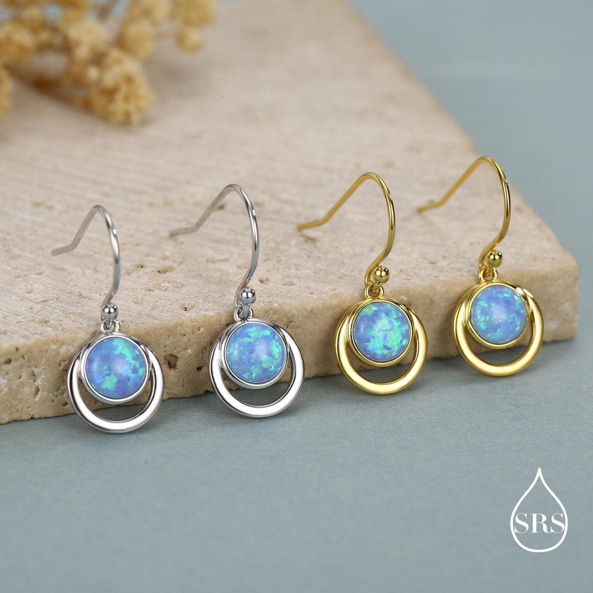 Blue Opal and Circle Drop Hook Earrings in Sterling Silver, Delicate Blue Opal Geometric Earrings, Opal Coin Earrings