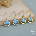 Blue Opal and Circle Drop Hook Earrings in Sterling Silver, Delicate Blue Opal Geometric Earrings, Opal Coin Earrings