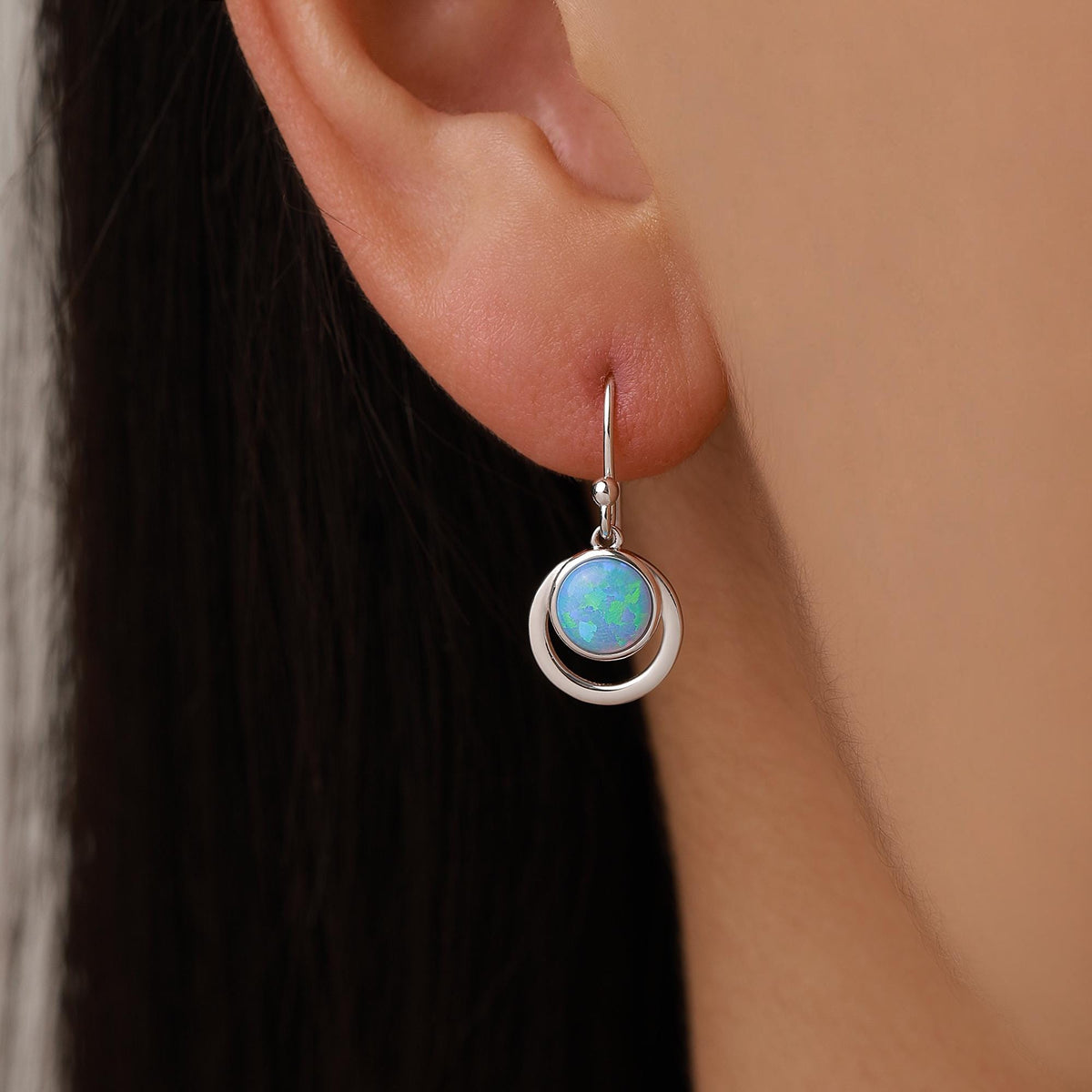 Blue Opal and Circle Drop Hook Earrings in Sterling Silver, Delicate Blue Opal Geometric Earrings, Opal Coin Earrings