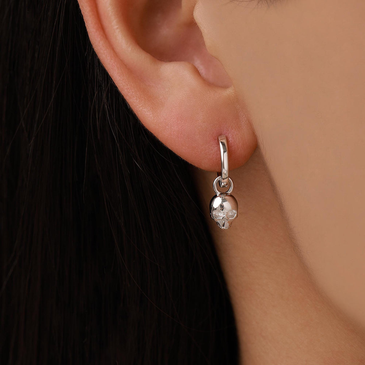 Sterling Silver Tiny Skull Hoop Earrings, 8mm Hoops, Detachable Charm Hoop Earrings, Silver or Gold, Interchangeable