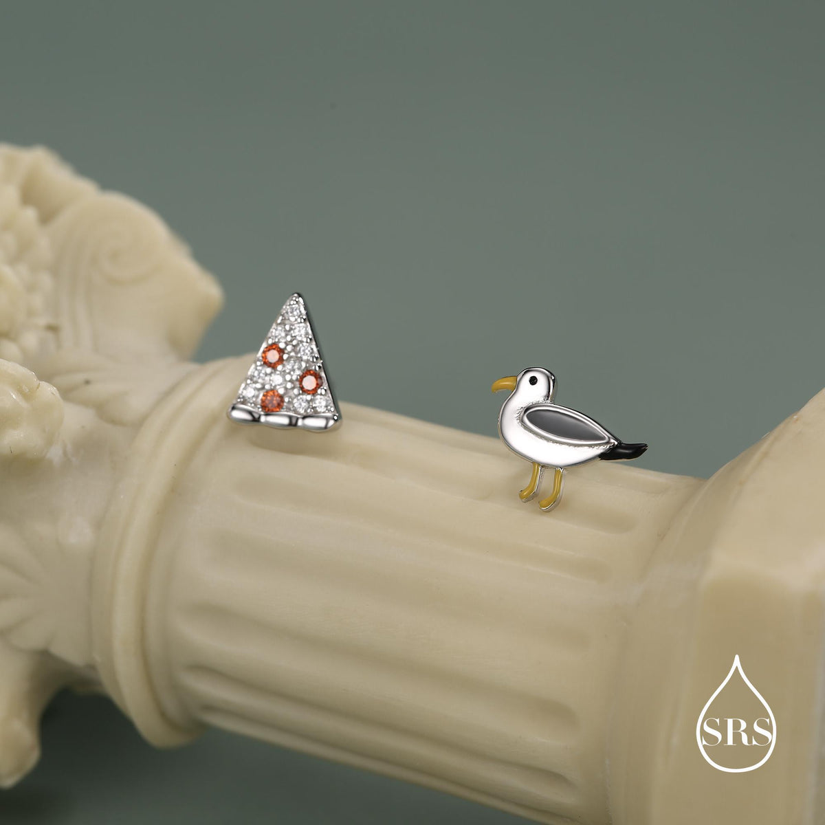 Sterling Silver Mismatched Pizza Slice and Seagull Stud Earrings – Fun Food & Bird Jewellery