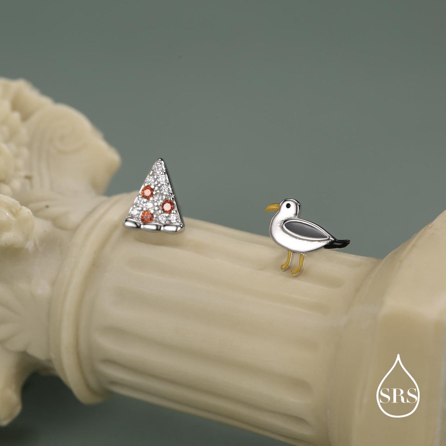 Sterling Silver Mismatched Pizza Slice and Seagull Stud Earrings – Fun Food & Bird Jewellery