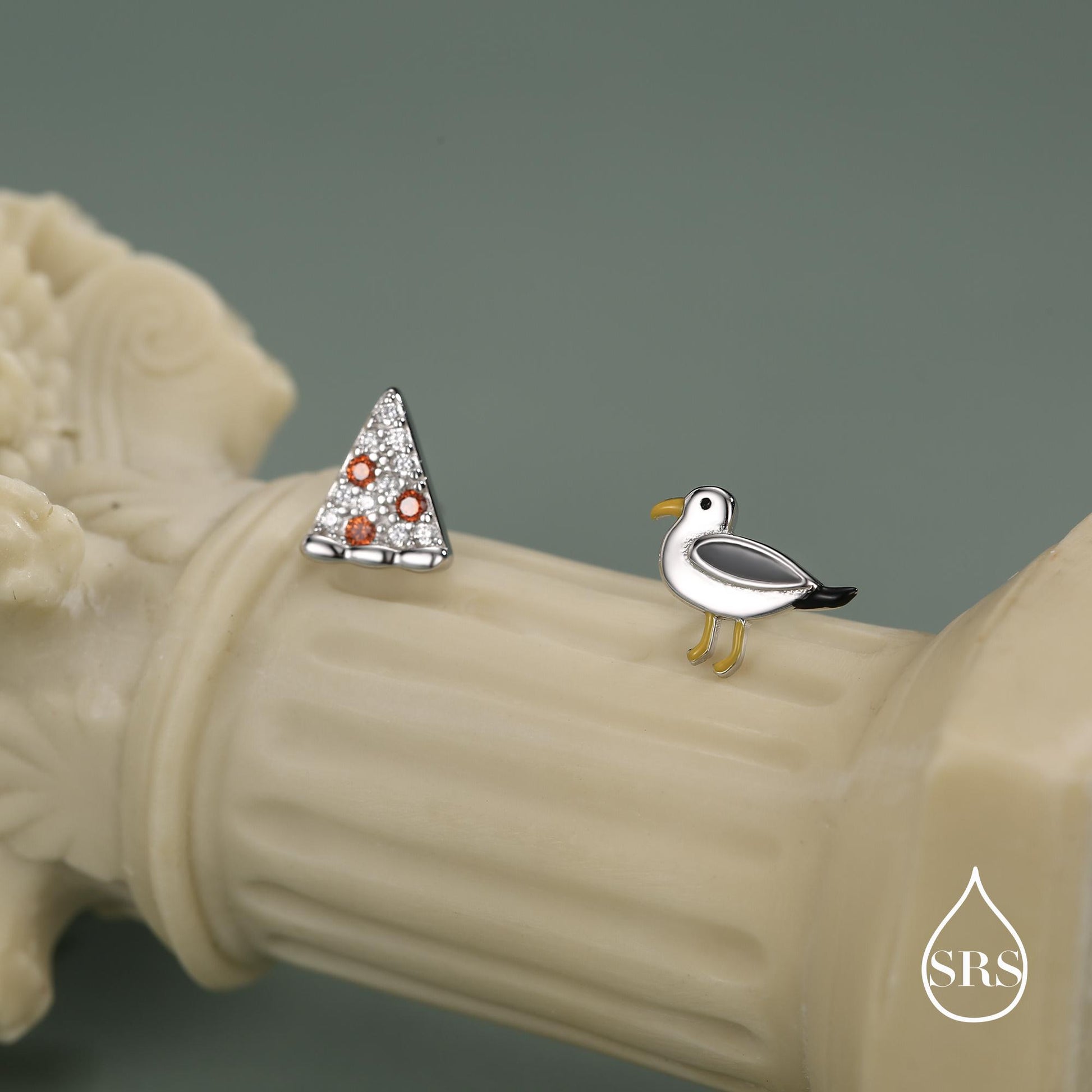 Sterling Silver Mismatched Pizza Slice and Seagull Stud Earrings – Fun Food & Bird Jewellery