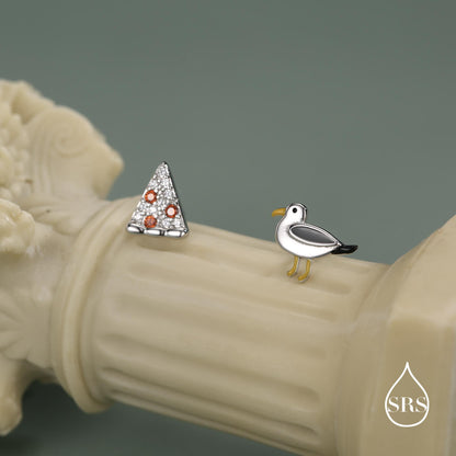 Sterling Silver Mismatched Pizza Slice and Seagull Stud Earrings – Fun Food & Bird Jewellery