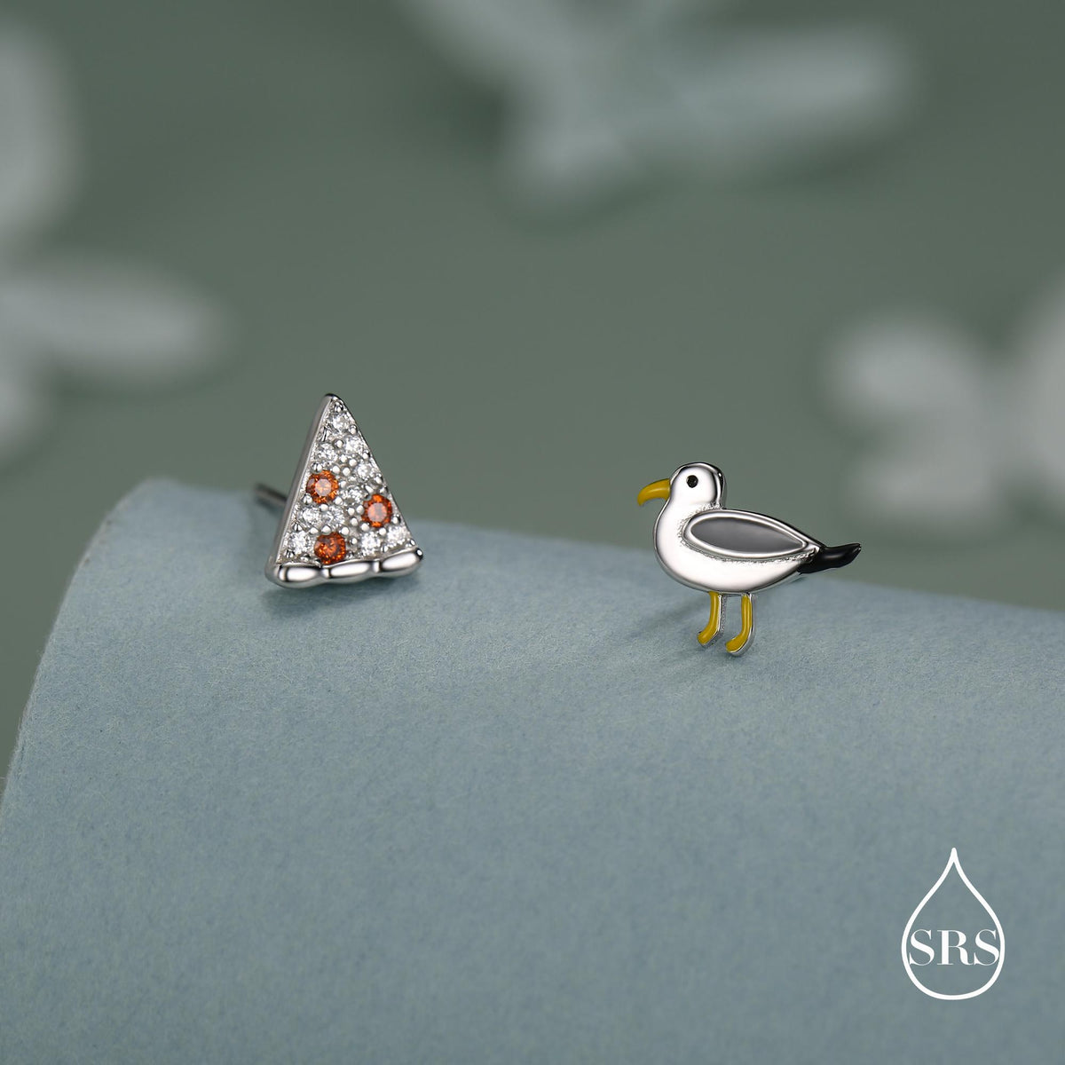 Sterling Silver Mismatched Pizza Slice and Seagull Stud Earrings – Fun Food & Bird Jewellery
