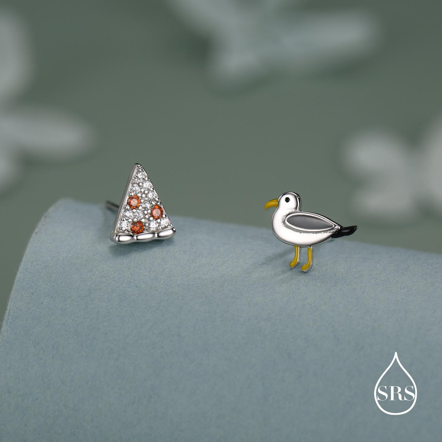 Sterling Silver Mismatched Pizza Slice and Seagull Stud Earrings – Fun Food & Bird Jewellery