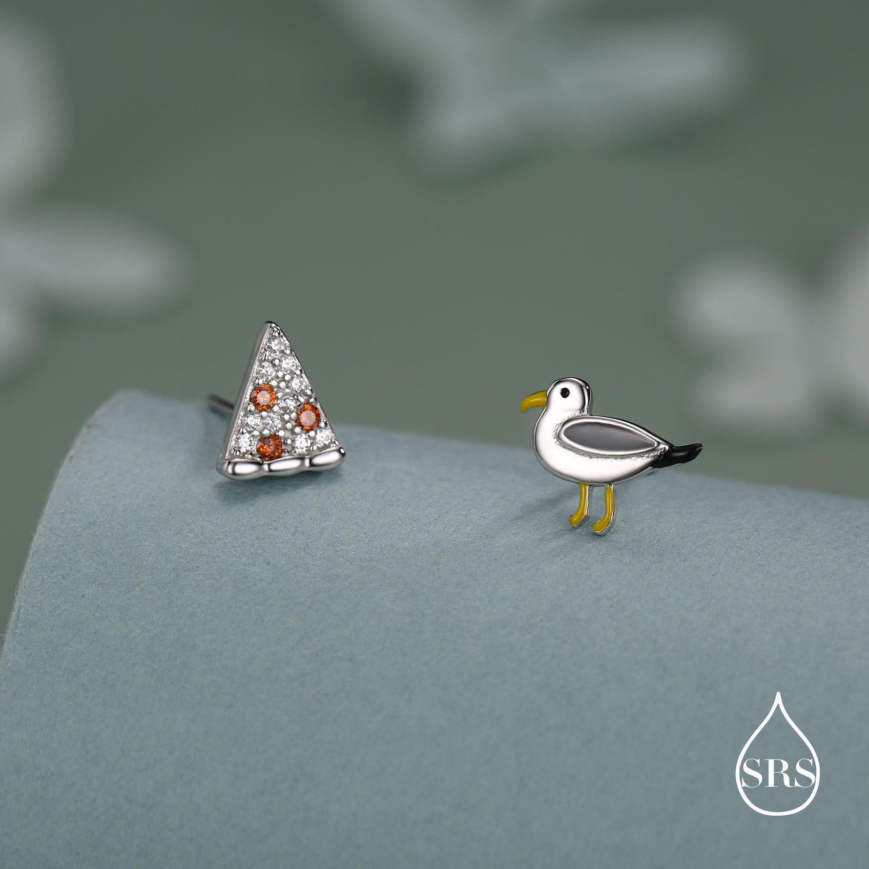 Sterling Silver Mismatched Pizza Slice and Seagull Stud Earrings – Fun Food & Bird Jewellery