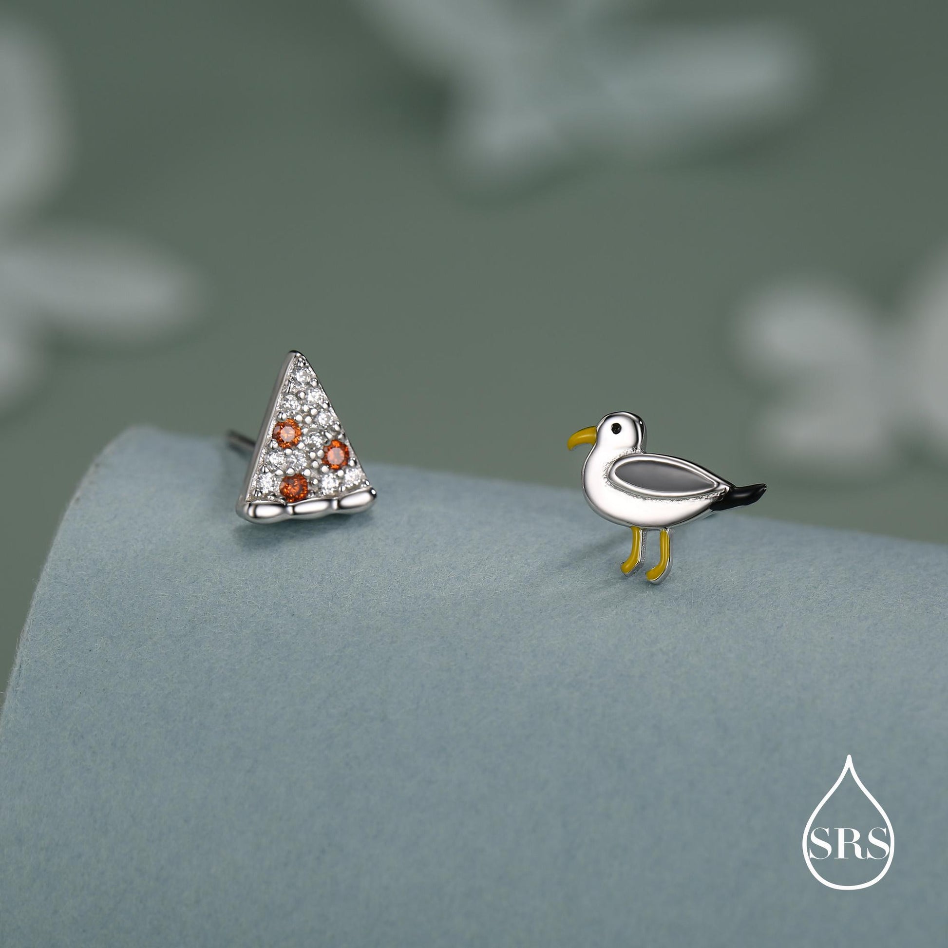 Sterling Silver Mismatched Pizza Slice and Seagull Stud Earrings – Fun Food & Bird Jewellery