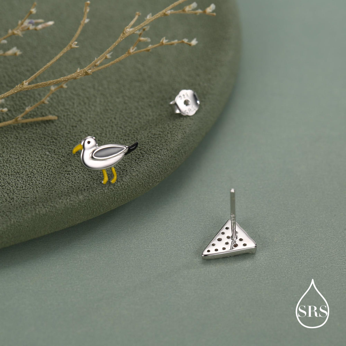 Sterling Silver Mismatched Pizza Slice and Seagull Stud Earrings – Fun Food & Bird Jewellery