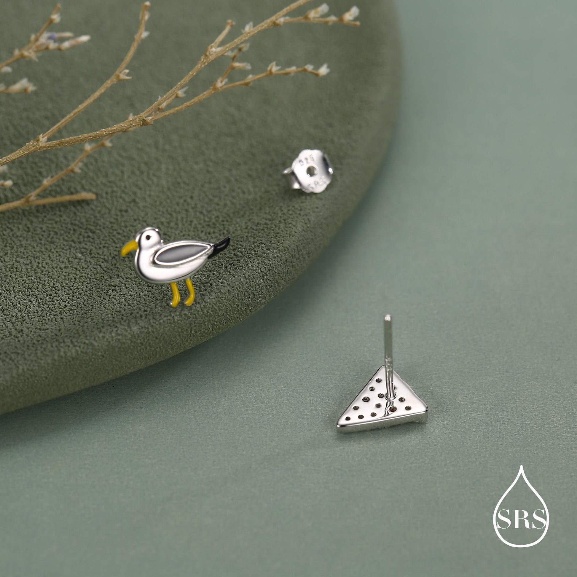 Sterling Silver Mismatched Pizza Slice and Seagull Stud Earrings – Fun Food & Bird Jewellery