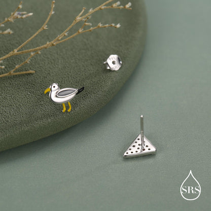 Sterling Silver Mismatched Pizza Slice and Seagull Stud Earrings – Fun Food & Bird Jewellery