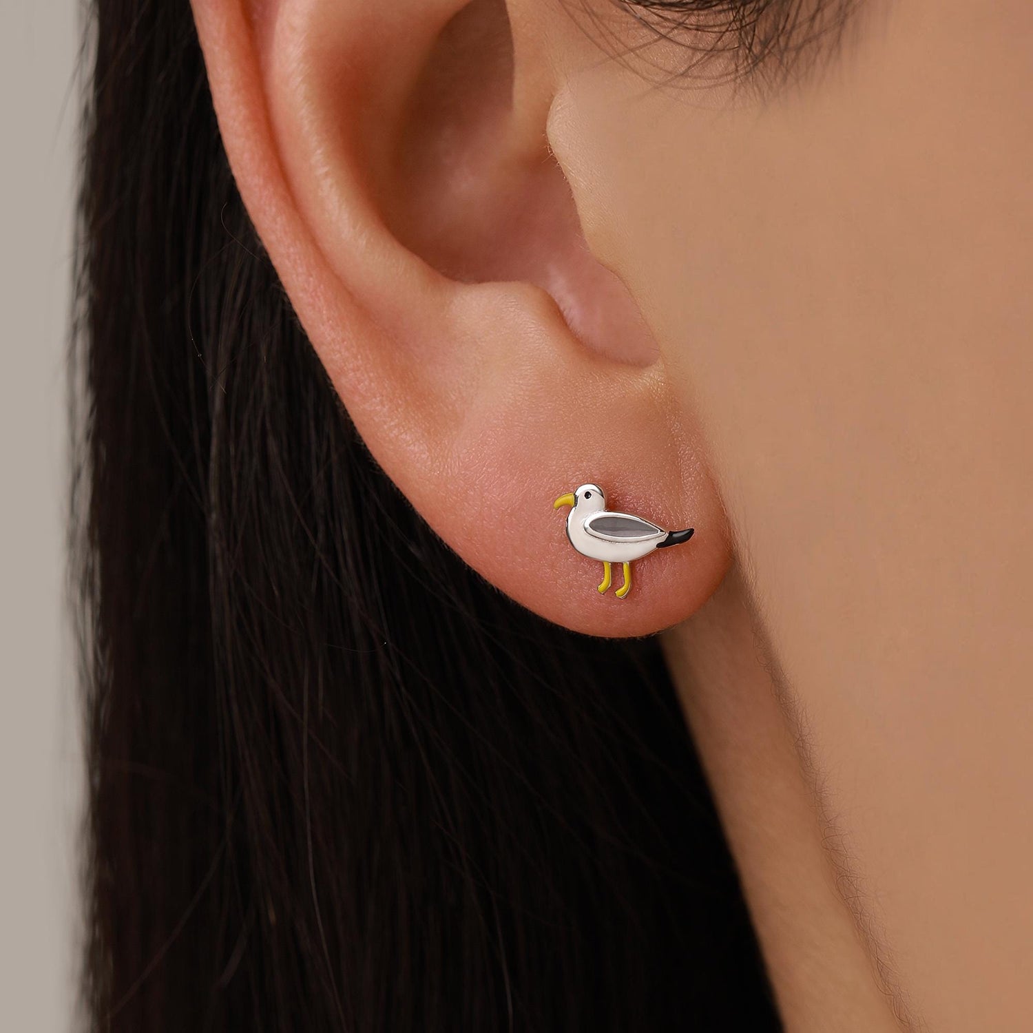 Tiny Sterling Silver Seagull Bird Stud Earrings, Enamel Coated Seagull Bird Earrings, Nature Inspired Animal Earrings, Seagull Stud