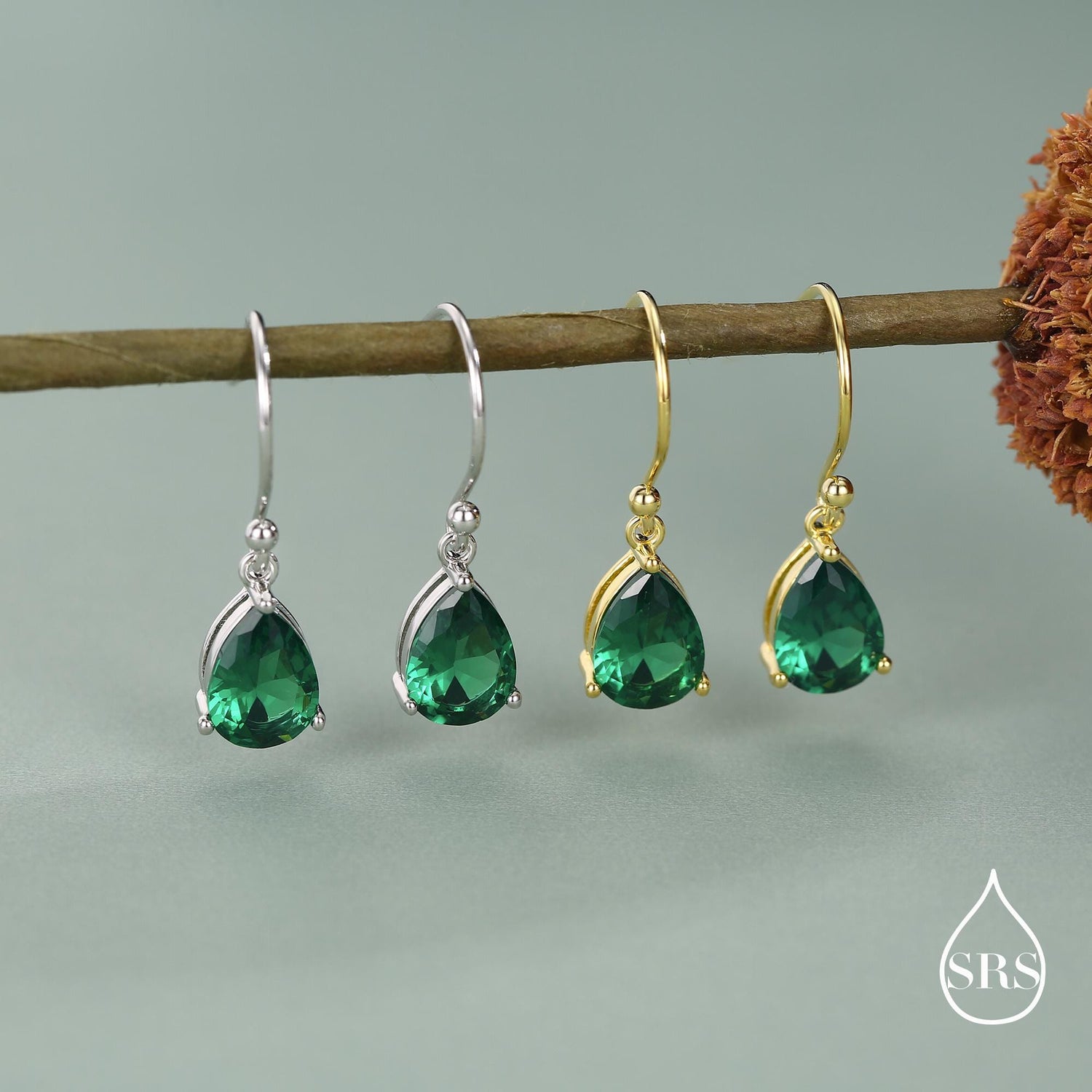 Emerald Green Pear Cut CZ Drop Earrings in Sterling Silver, Silver or Gold, Minimalist Droplet Dangle Earrings, Drop Earrings