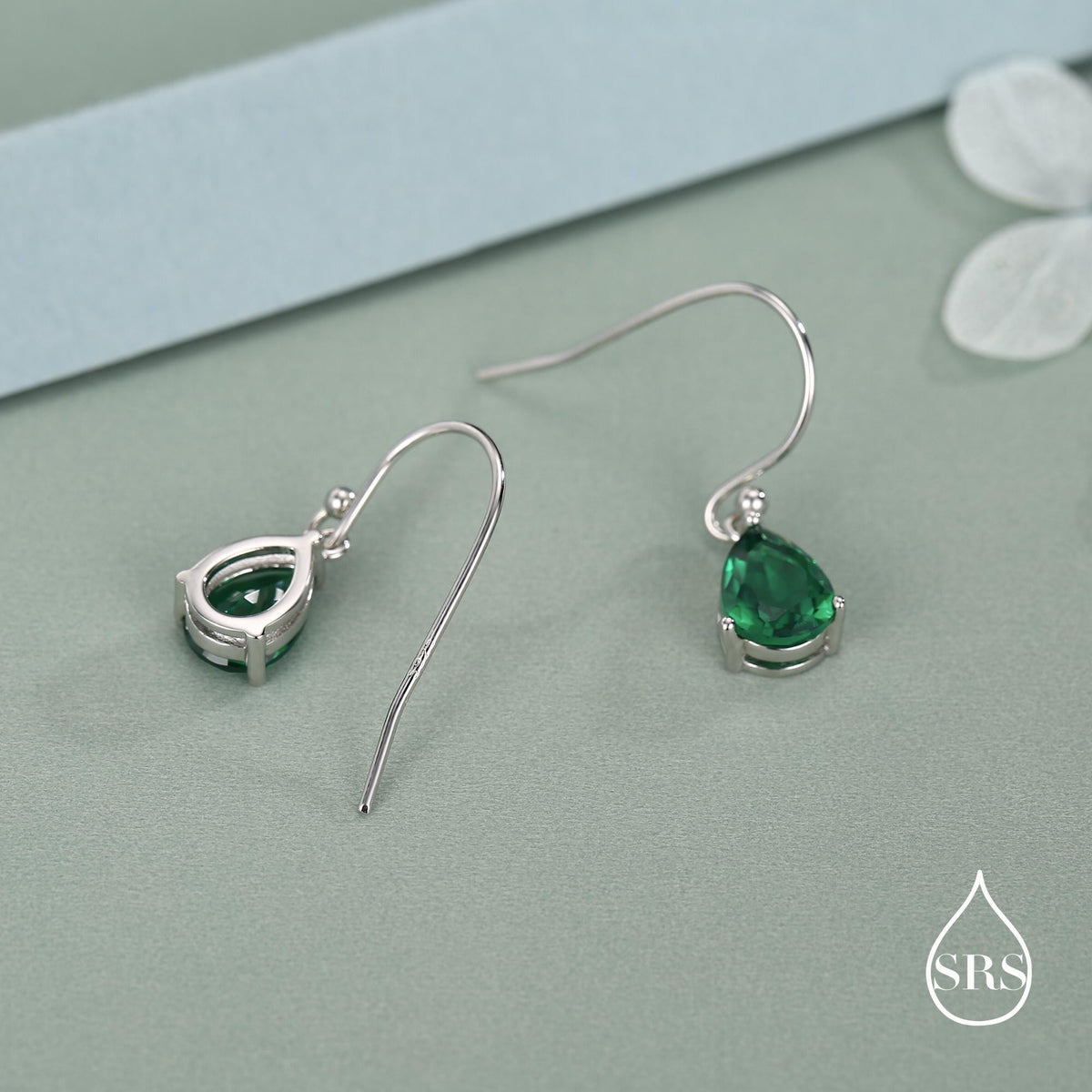 Emerald Green Pear Cut CZ Drop Earrings in Sterling Silver, Silver or Gold, Minimalist Droplet Dangle Earrings, Drop Earrings